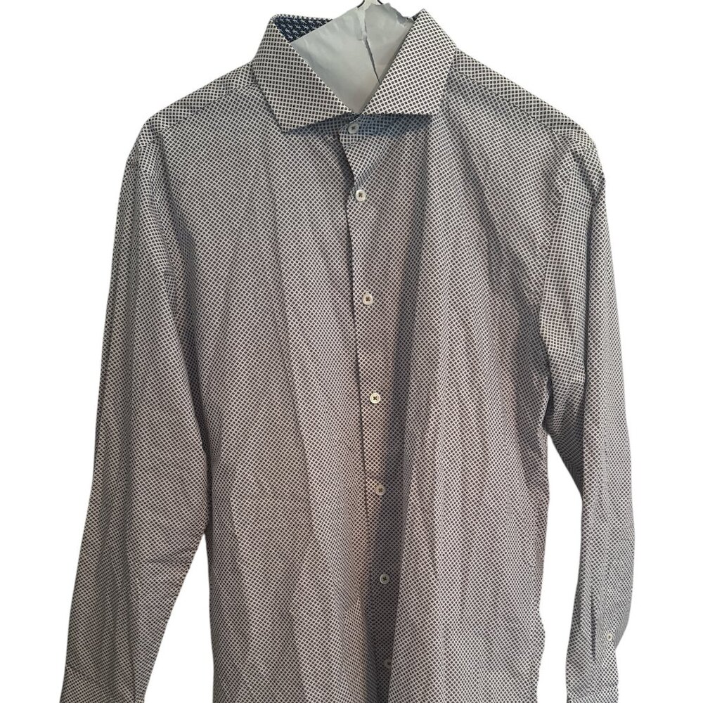 Bugatchi White & Geometric Design-Button Down-Worn Once-EUC-16.5/Large-Cotton